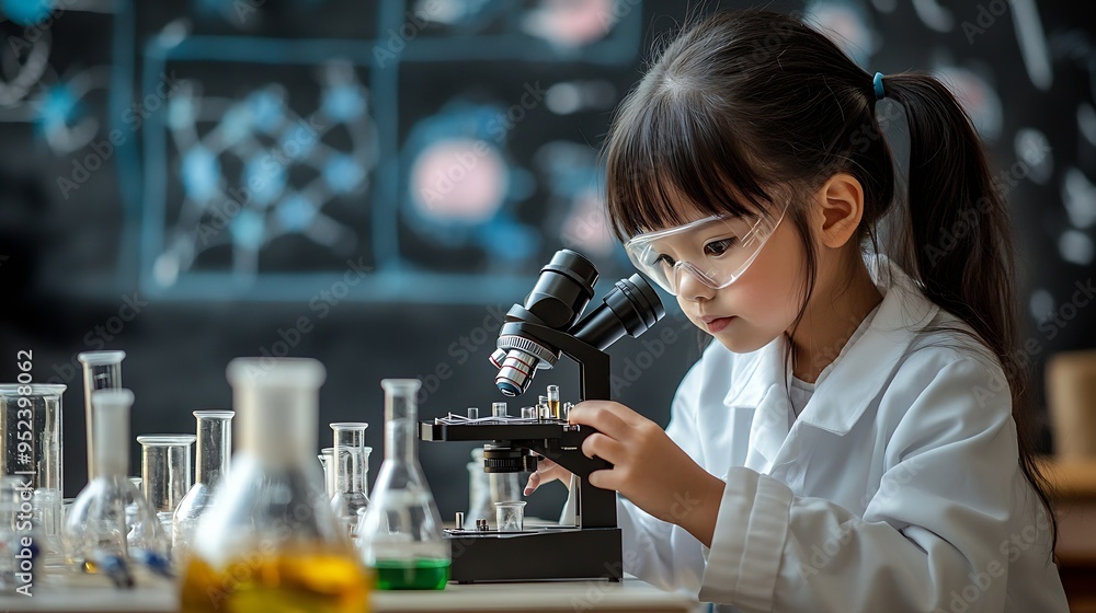 Leinwandbilder portrait asian little female kid in scientist uniform trying to use a microscope doing a chemistry lab experiment in science classconcept education science class workshop : Generative AI