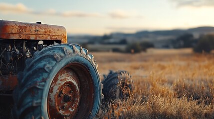 Abandoned rusting vintage farm equipment in an open field : Generative AI