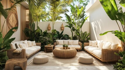 living room Tropical-inspired outdoor patio with rattan furniture.