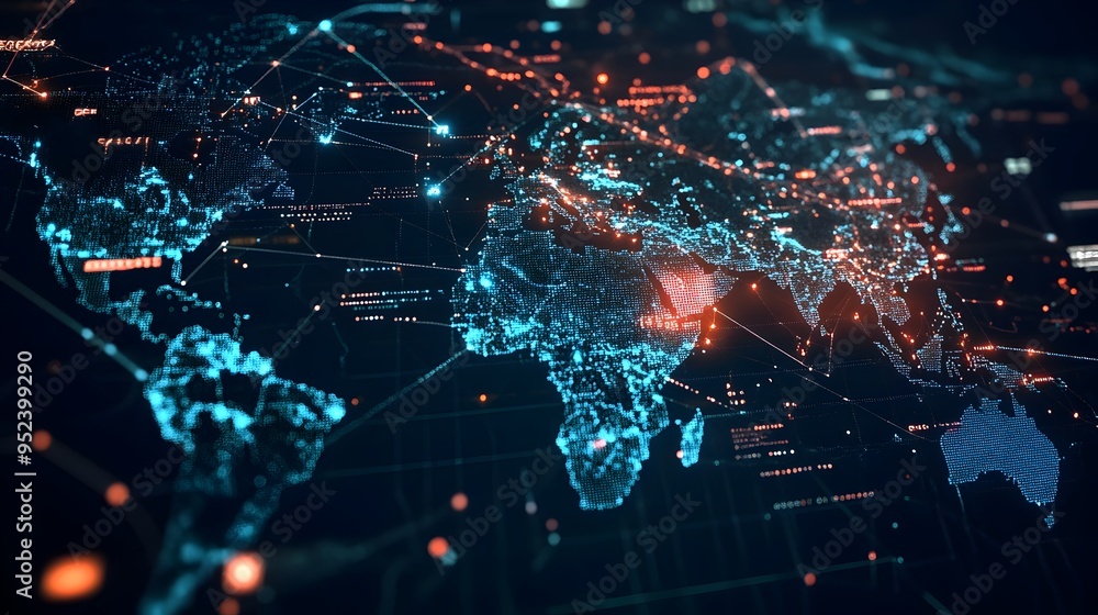 Poster futuristic interactive map of global e commerce activity and transactions