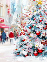 festive Christmas tree adorned with red and gold ornaments in a busy shopping area, with people in the background.