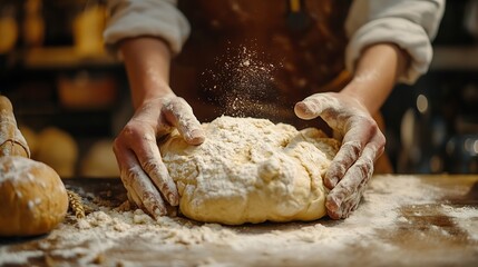 Fototapeta premium Professional baker hands kneading dough while preparing bread loaves in the early morning Woman hands preparing bread loaf while cooking homemade in kitchen Mixing and kneading wheat f : Generative AI