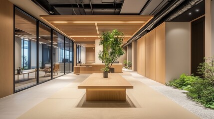 Japanese zen garden-inspired office with tatami mats.