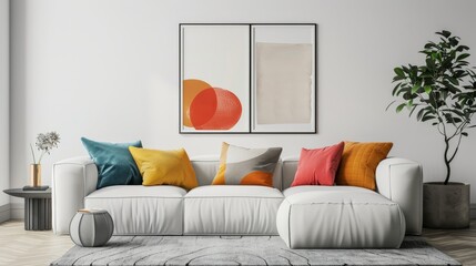 Scandinavian inspired modern living room with white sofa and colorful pillows for a cozy atmosphere