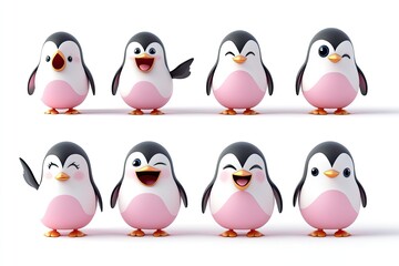 Fototapeta premium 3D Pink cartoon penguins with different expressions isolated on white background