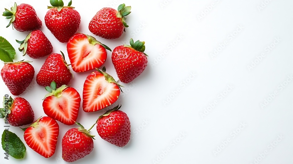 Poster fresh red strawberries with half slice isolated on white background top view flat lay : generative a