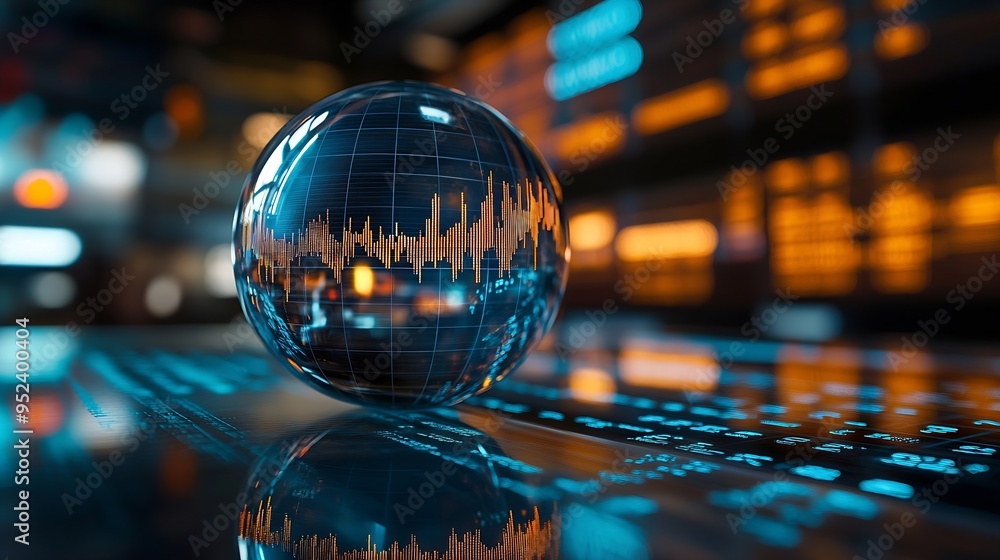 Aufkleber Reflection of graph and financial numbers on glass globe : Generative AI