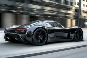 Sleek Black Sports Car Speeding Through Urban Environment