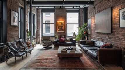 A living room with a brick wall Industrial loft style. The atmosphere is cozy and inviting.
