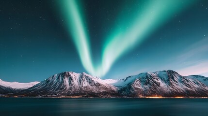 Naklejka premium Northern Lights Over Snowy Mountains and Sea
