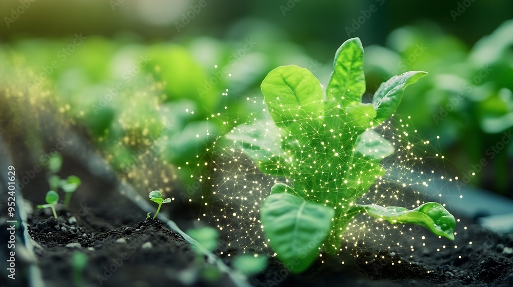 Fototapete Smart Farming using IOT Internet Of Thinking technology and analysis with AI artificak intelligence help to improvement research and development productivity of farming : Generative AI