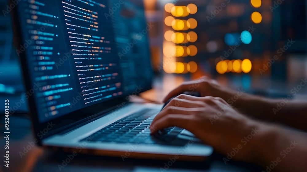 Poster programmer typing code on laptop at night
