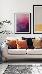 Cozy scandinavian living room blending modern design with colorful accents and minimalist art