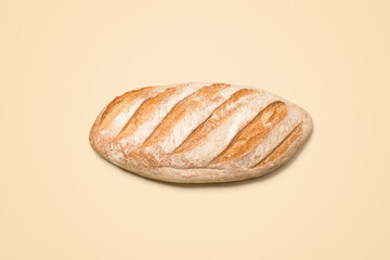 Bread, sourdough and food in studio with bakery, wheat and grain product for cafe or restaurant from above. Meal, yeast and baked goods with ciabatta and breakfast sandwich with yellow background
