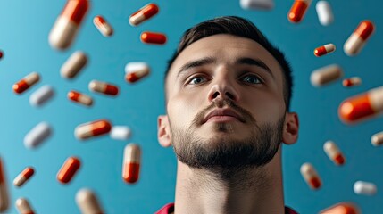 Man looking up at falling pills