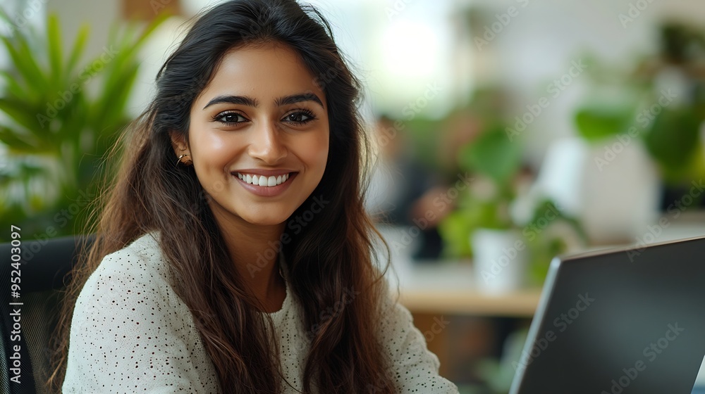 Poster cheerful and successful indian woman programmer at work inside modern office tech support worker wit
