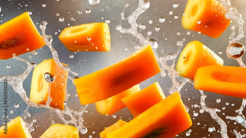 Poster a bunch of orange and green vegetables are being washed in a sink. the vegetables are cut into small