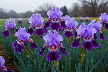 Gathering of Purple Irises in Morning Dew - Beauty of Spring Flora