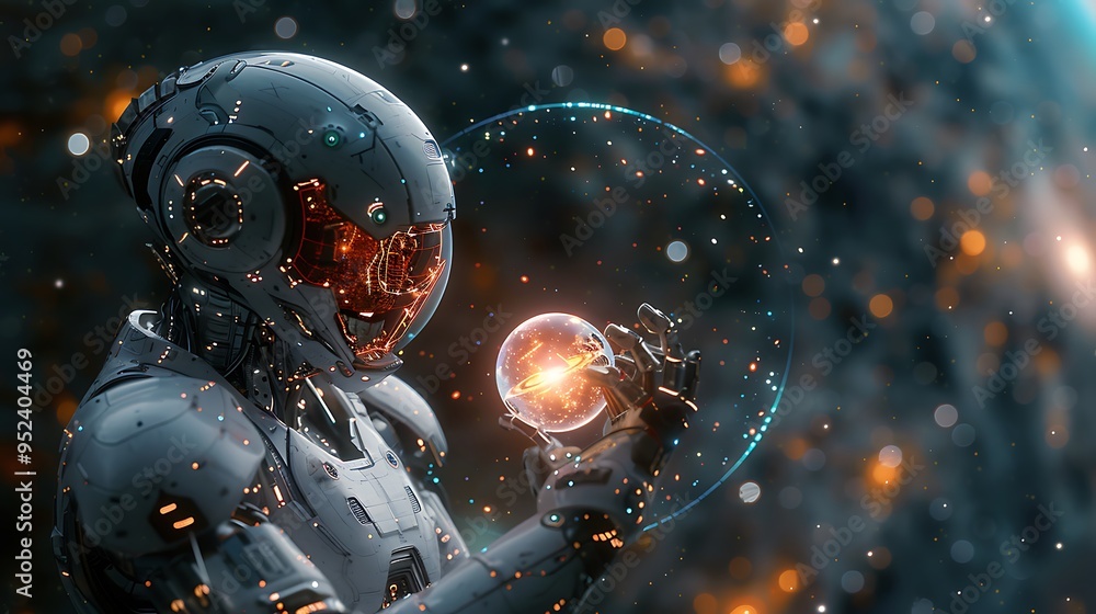 Poster a futuristic robot holds a glowing orb in its hand, surrounded by a halo of light.
