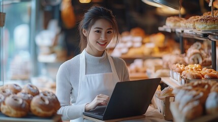 Young asian female Business owner in apron using laptop and talking to clients on the phone by workplaceOrganization of Work in the Field of Deliveryselling bakery online : Generative AI