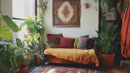 The couch is decorated with pillows in various colors and patterns, Scene is cozy and inviting.
