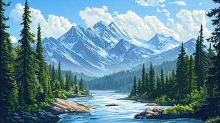 A panoramic view of a mountain range in the distance, framed by pine trees, with a river flowing through the foreground.