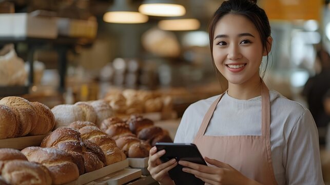 Portrait of happy asian female baker standing in own bakery tapping on tablet device and speaking on smartphone Female worker talking on mobile phone with client Bakehouse concept : Generative AI