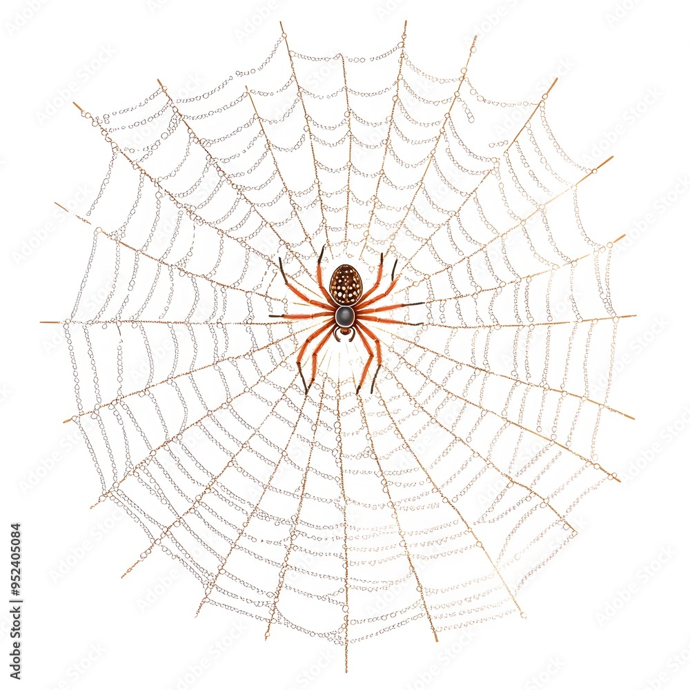Poster detailed and intricate spider web with a spider resting in the center isolated on a clean white back