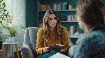 Over shoulder view of female psychologist sitting in armchair talking with upset woman patient Psychologist taking notes on clipboard Psychology mental therapy mental health therapy se : Generative AI