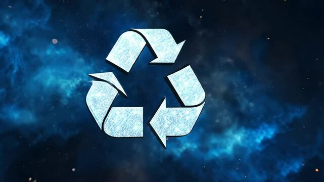 A blue recycling symbol is shown in the night sky. Concept of environmental awareness and the importance of recycling