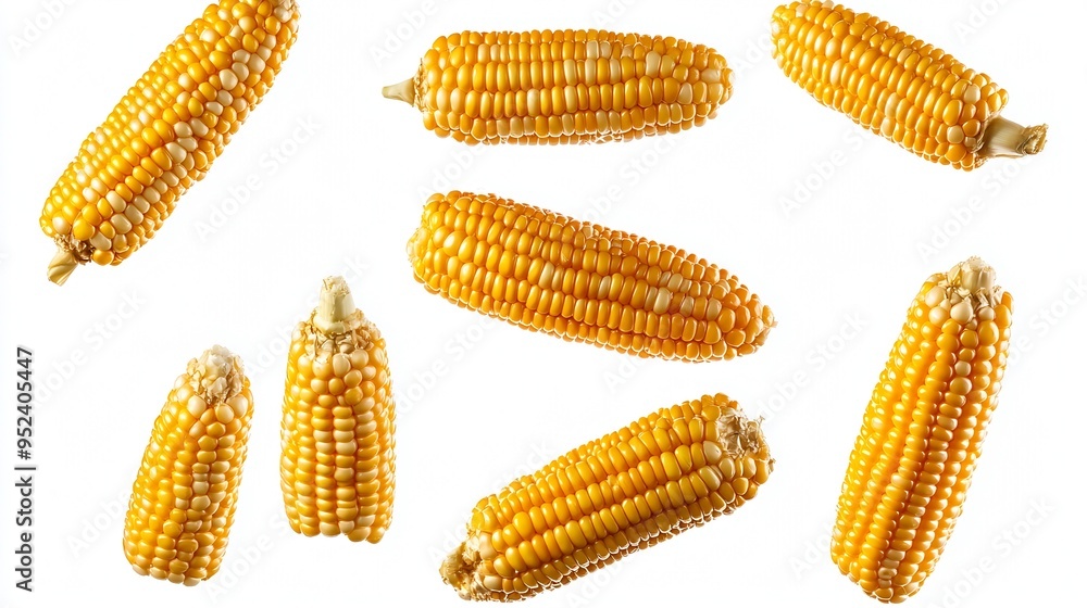Poster Flying fresh corn collection isolated on white background  clipping path : Generative AI