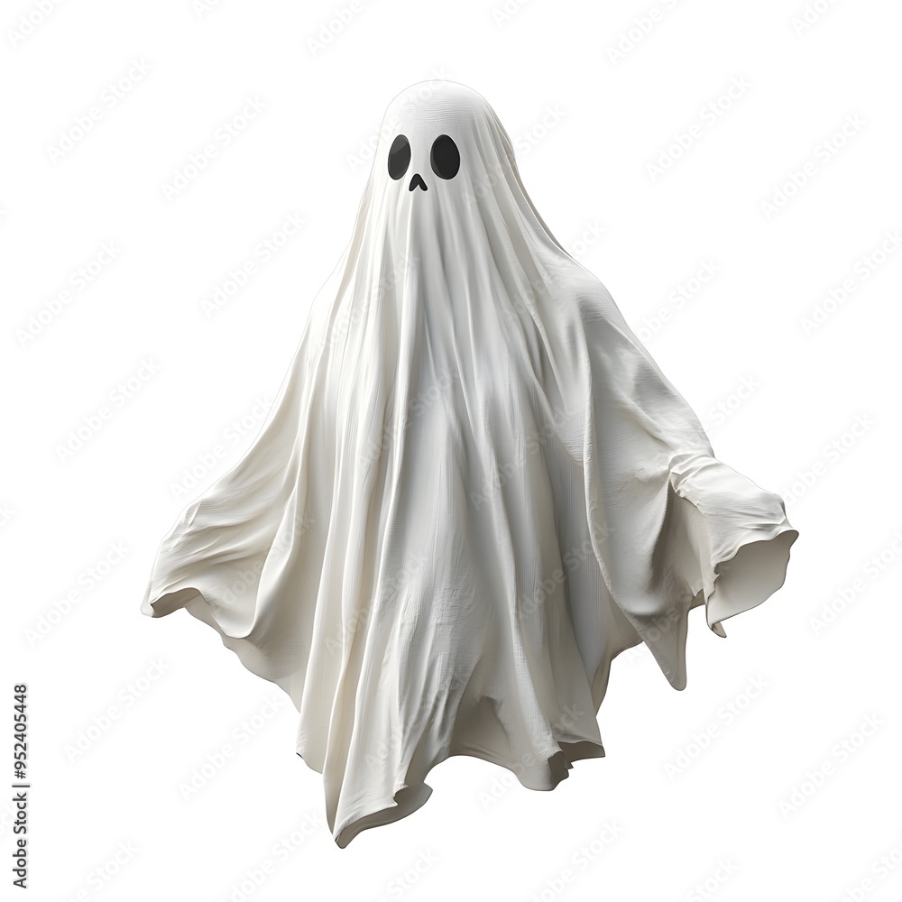 Poster minimalist of a ghostly sheet like apparition hovering against a plain white background ethereal sup