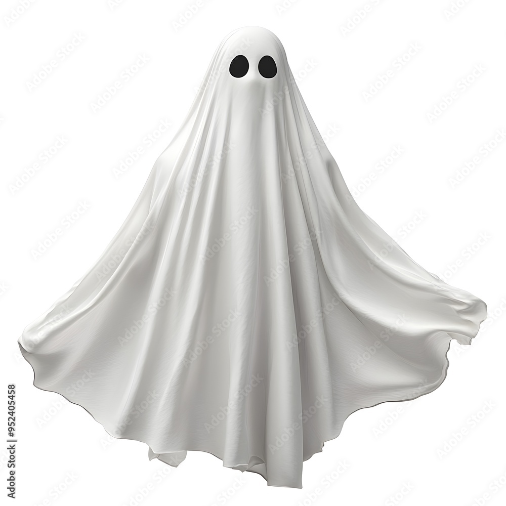Poster ethereal ghost apparition with wispy transparent outline floating on a clean white background spooky