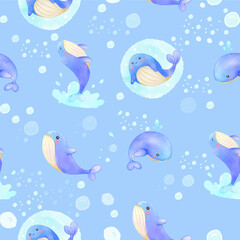 Seamless pattern of playful watercolor whales on a blue background, ideal for children’s fabric and decor.