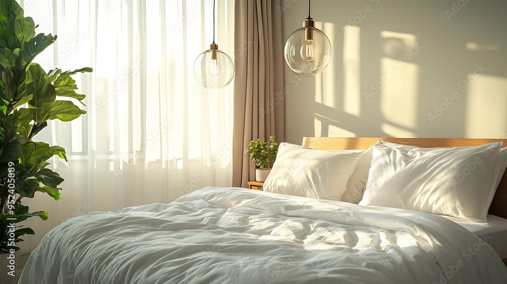 Poster stylish bedroom with an empty king sized bed and pendant light fixtures natural sun light from the w