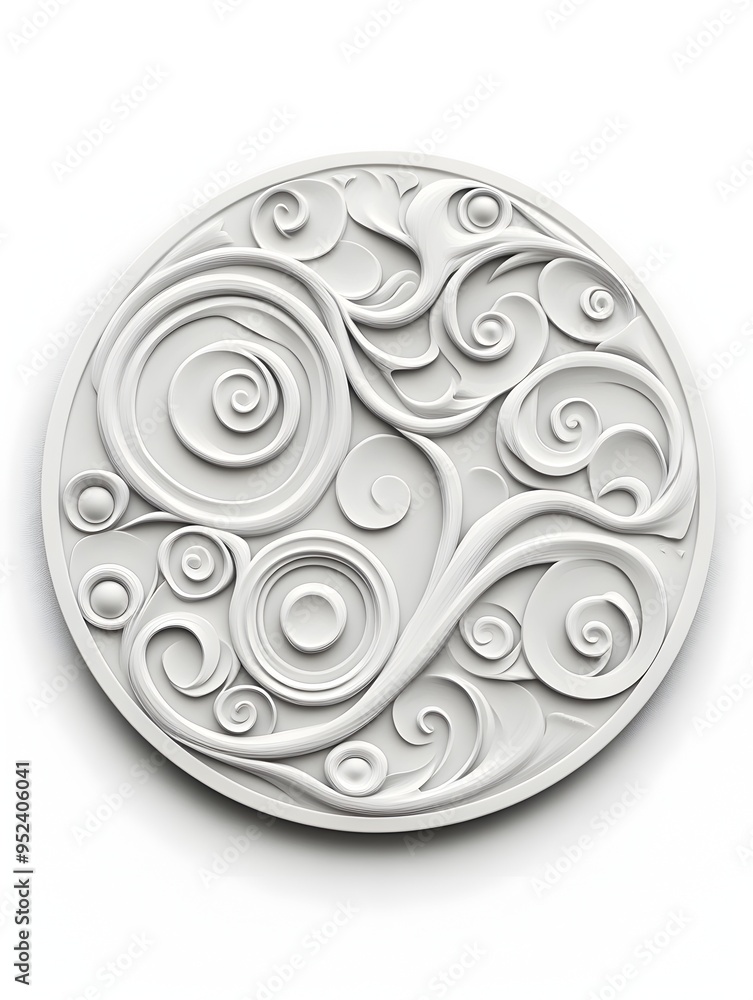 Poster captivating abstract porcelain plate with swirling geometric pattern on minimal white background