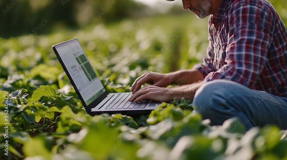 Aufkleber enhancing crop productivity farmer analyzing and optimizing smart farming techniques on laptop : gen