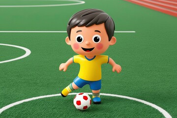 Fototapeta premium 3D Cute Boy Engaging in Soccer Play with Colorful Ball in Vibrant Sport Illustration