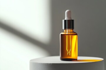 Naklejka premium erum oil vitamin C pipette dropper bottle on white podium copy space skin care beauty product. Anti aging antioxidant beauty serum vitamin C natural cosmetic. Generative Ai