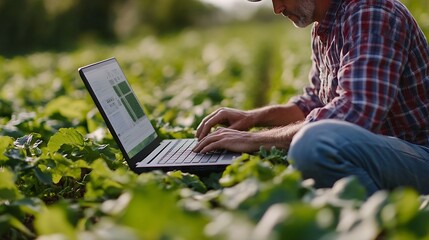 Enhancing Crop Productivity Farmer Analyzing and Optimizing Smart Farming Techniques on Laptop : Generative AI