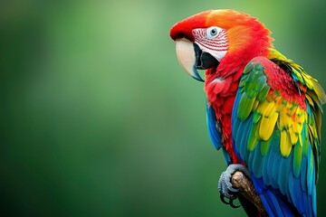 Fototapeta premium A Scarlet Macaw Perched on a Branch with Green Background