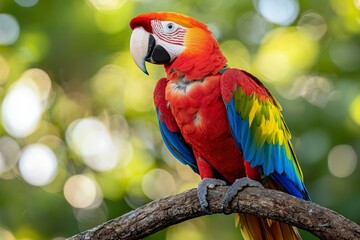 Obraz premium Scarlet Macaw Perched on a Branch with a Green Bokeh Background