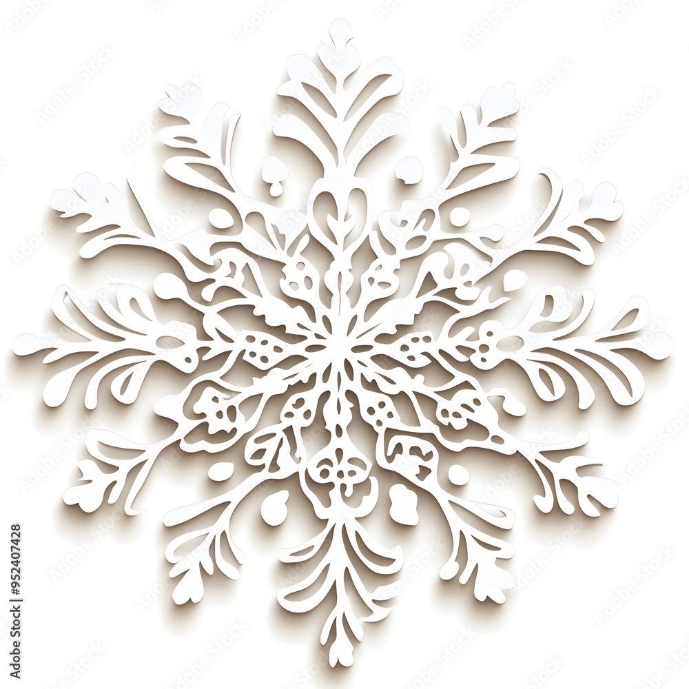 Poster highly detailed of an intricately designed snowflake with delicate lace like crystal patterns agains