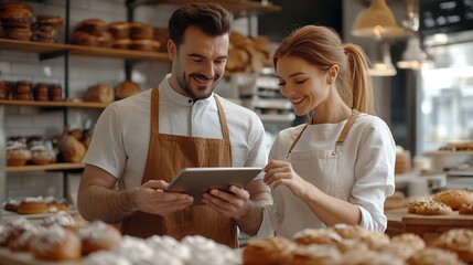 Caucasian handsome man baker in uniform showing something on tablet device to woman colleague Bakers talking and discussing work with computer in hands Bakery concept Workday at bakesh : Generative AI