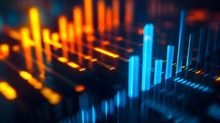 Dramatic Financial Data Visualization with Glowing Bar Graph and Fluctuating Line Charts