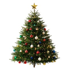 Beautifully decorated Christmas tree with colorful ornaments lights and a shining star on top isolated on a clean white background  Festive cozy and perfect for holiday season cards invitations