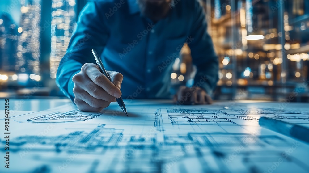 Poster Architecture Man drawing on architectural Creative project business architecture building construction Industrial engineering Achievement Planning Design on eco blueprint : Generative AI