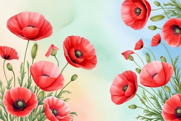 Serene Pastel Background with Soft Red Poppy Petals in Floral Watercolor Art