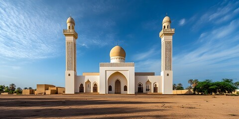 Fototapeta premium Majestic Al Salam Mosque with Towering Minarets and Domes Stands Tall in Timbuktu s Serene Landscape