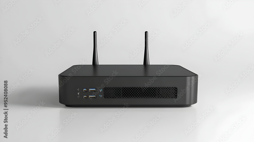 Poster closeup of sleek wireless internet router device with glossy black casing and led signal lights on p